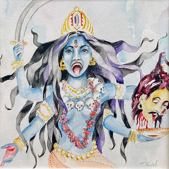 Kali's Battle - Divine Grace Oracle - 12"x12" Original Watercolor, Art by Theresa Hutch