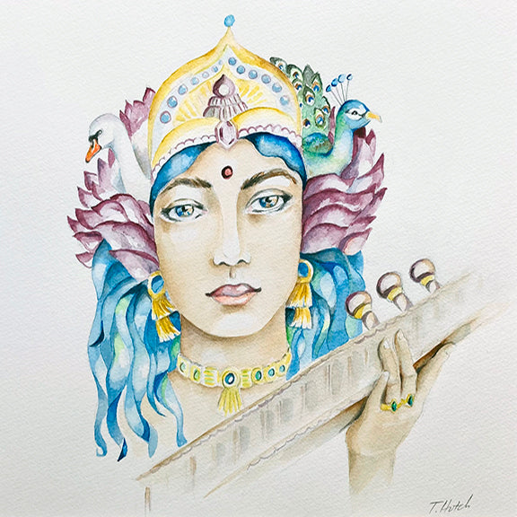 Saraswati - Divine Grace Oracle - 16"x20" Original Watercolor, Art by Theresa Hutch