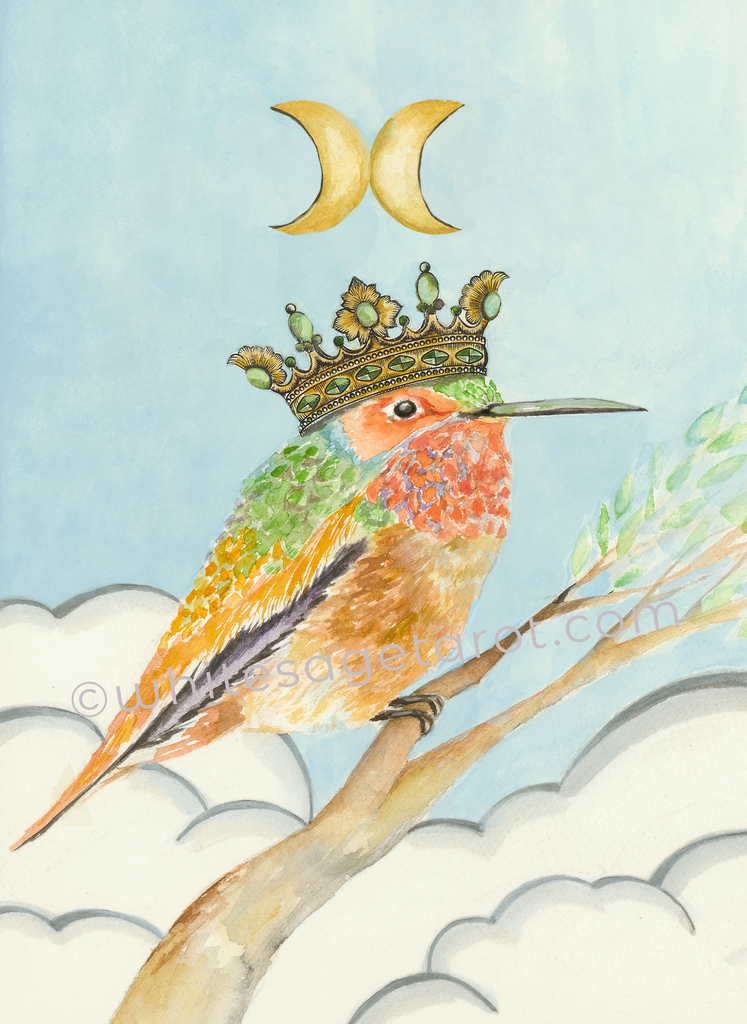Queen of Swords - Black Seed Tarot - Original watercolor, hummingbird art by Theresa Hutch