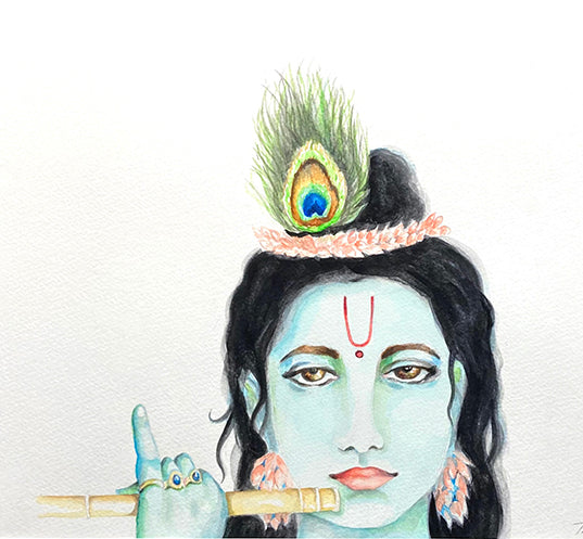Krishna - Divine Grace Oracle - 16"x20" Original Watercolor, Art by Theresa Hutch